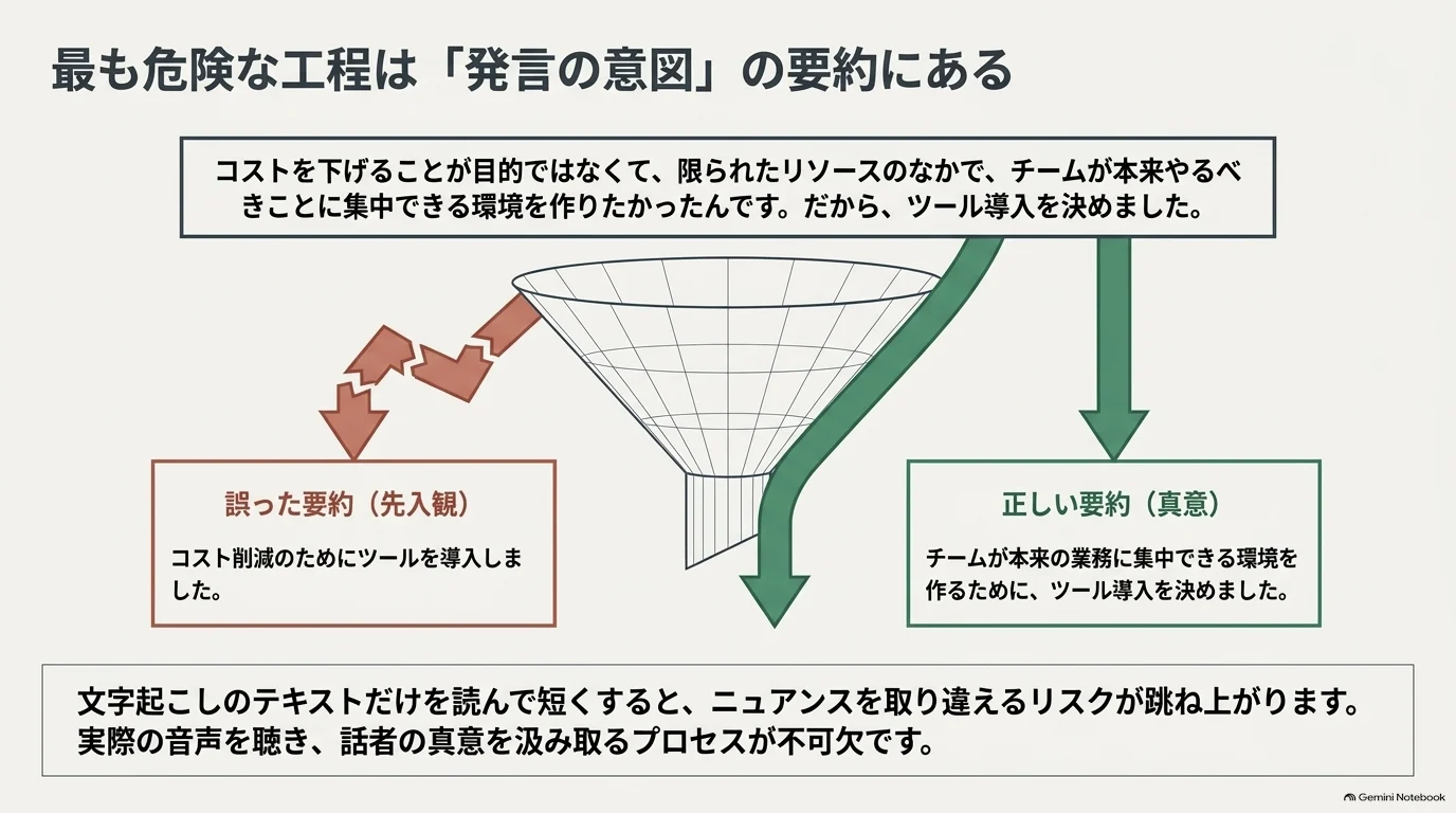 要約の分岐を示した図。同じ発言から、先入観による誤った要約「コスト削減のため」と、真意をくんだ正しい要約「チームが本来の業務に集中できる環境を作るため」が生まれる