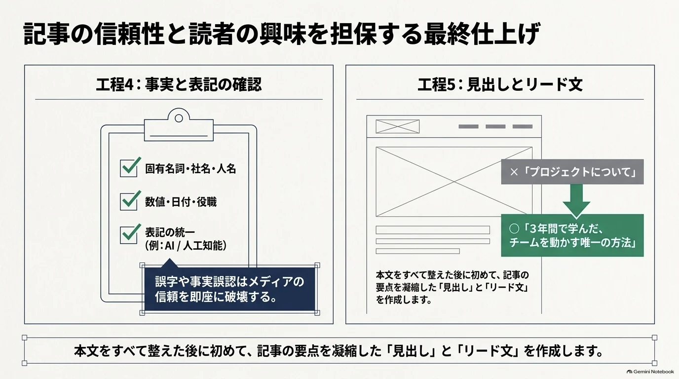 工程4と工程5の図解。左は固有名詞・数値・表記の統一を確認するチェックリスト、右は本文を整えた後に見出しとリード文を作る流れ
