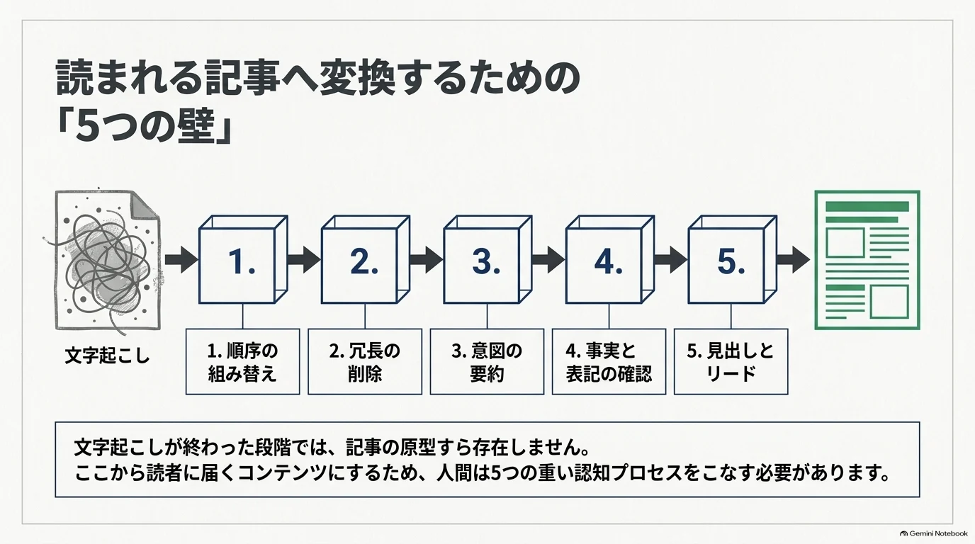 文字起こしテキストから完成記事までの5工程を示した図。順序の組み替え、冗長の削除、意図の要約、事実と表記の確認、見出しとリードの順に並ぶ
